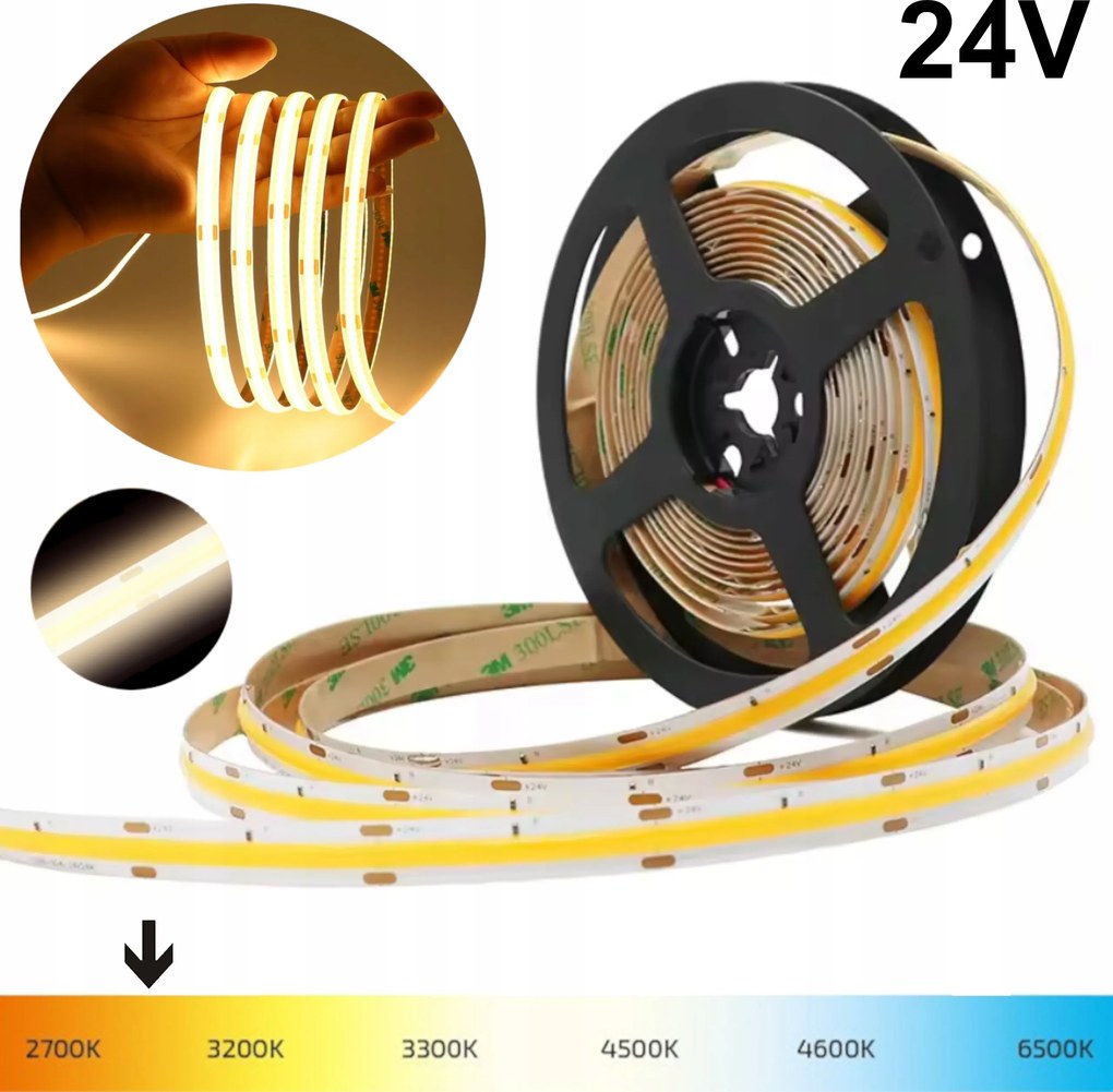Led szalag Cob 24V 9W-10W/m Meleg Fehér 3000K Pont Nélküli Neon IP20