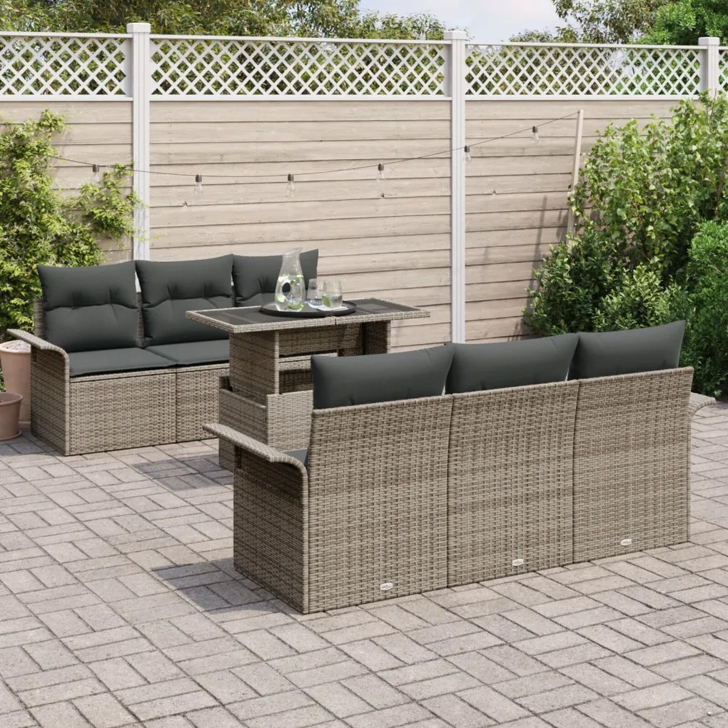 7 Darabos Kert Sofa Szett Párnákkal Szürke Poli Rattan