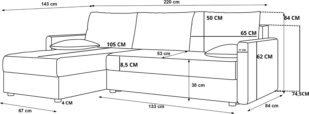 Kihúzható kétoldalas L alakú ülőgarnitúra VENORIA 220x143 cm, púderrózsaszín + 2 díszpárna ajándékba