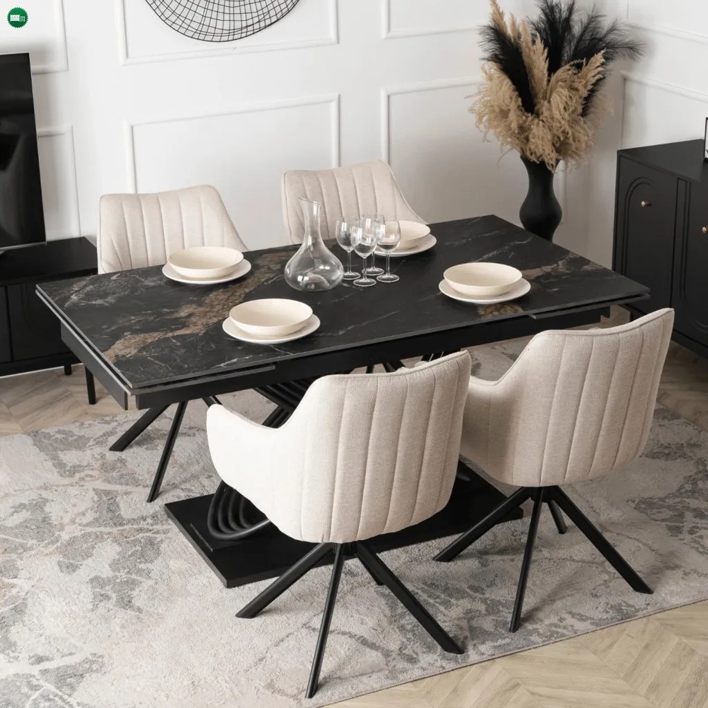 szett étkezőasztal IBIZA 160-240 cm fekete márvány/fekete és 4 szék MUMBAI krémszínű
