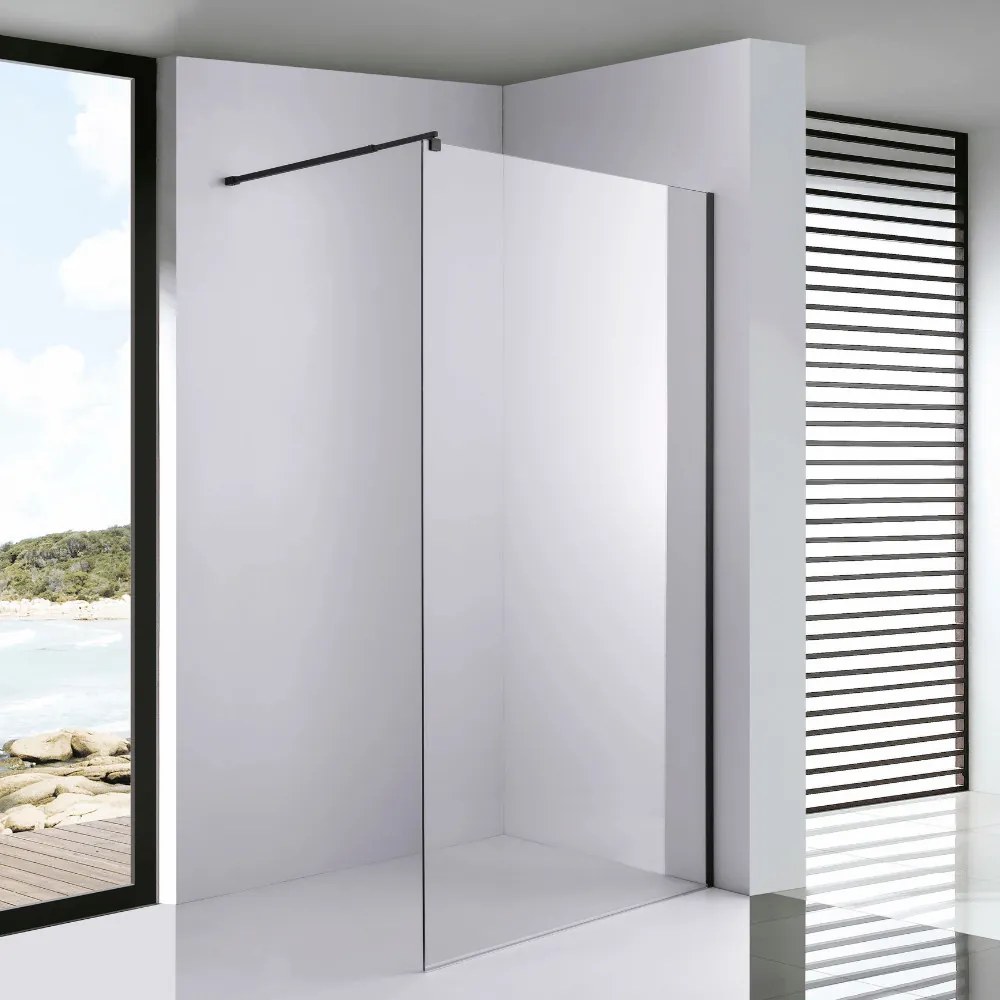 Stuxi Milano Black Walk-in zuhanyfal, 120x200 cm, 8 mm vastag vízlepergető biztonsági üveggel, fekete profillal és távtartóval