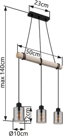 Globo 15465-3H Függeszték fém fekete matt, természetes színű fa, füstszínű üveg, körbetekerhető kábel, HxSzxM: 500x100x1400mm, 3x E27 40W 230V izzók nélkül