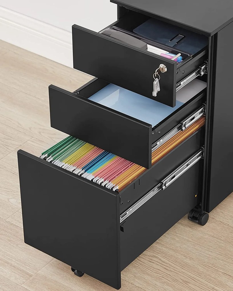 Zárható irodai szekrény , acél irattartó szekrény 3 fiókkal, fekete