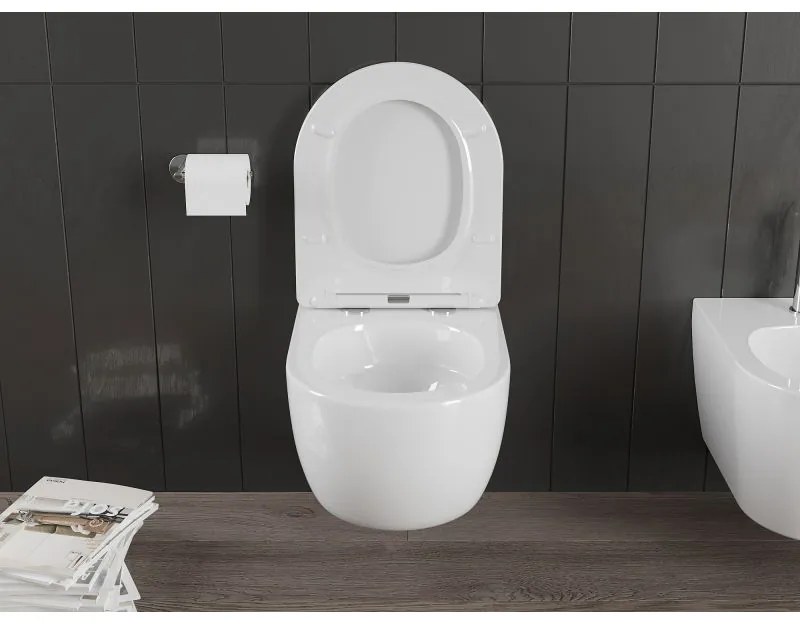 Mexen Carmen, falra akasztható wc csésze 490x365x340 mm, Perem nélküli Tornado + duroplast wc ülőke, fényes fehér, 30880400T
