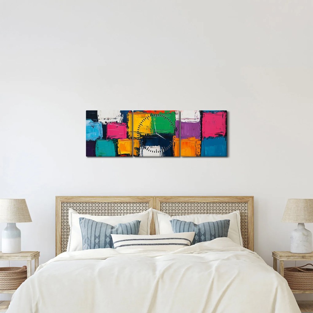 Kép - Színes négyzetek festménye (órával) (90x30 cm)