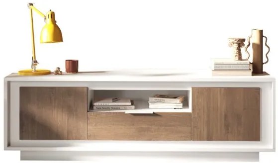 SKY 2.0 TV-szekrény 2 ajtóval és 1 fiókkal, fehér matt lakkozott vázzal, Mercuri tölgy mintázatú laminált előlapokkal