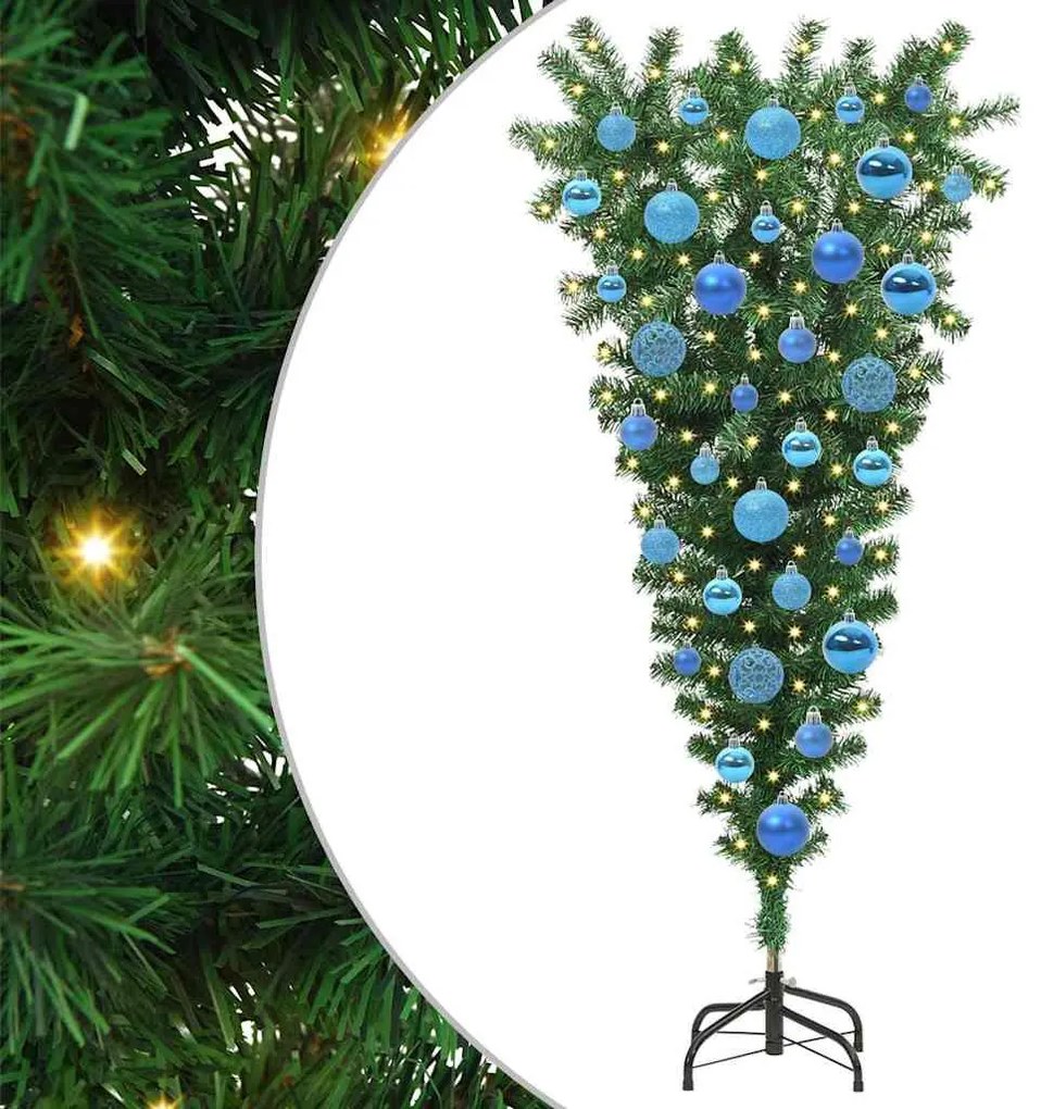 Felfordított Műfenyő Elővilágítással és Gömbökkel Zöld 120 cm