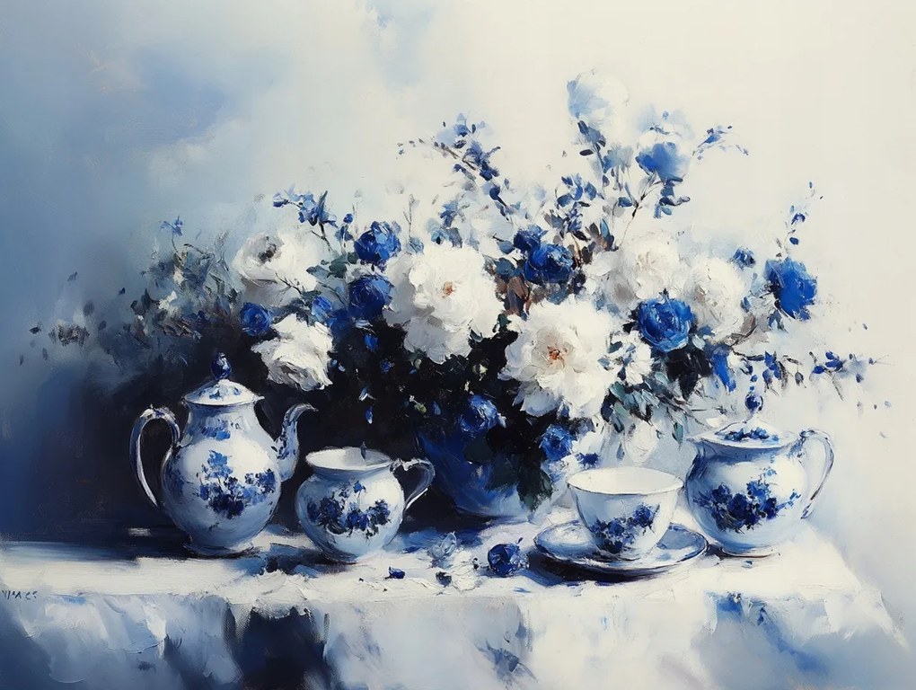 Vászonkép Canvas Virágok Kínai Porcelán Szerviz Kávé Tea 100x75