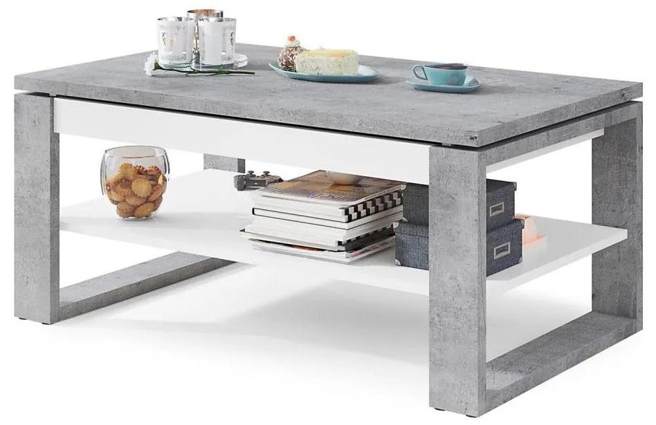 NEA dohányzóasztal emelhető asztallappal és polccal, beton szürke/fehér