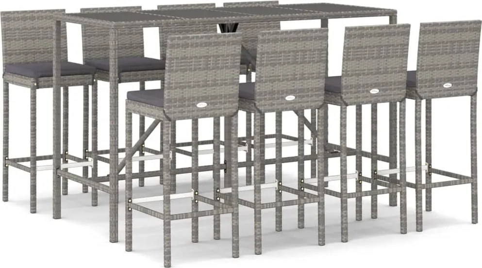 vidaXL 9 részes szürke polyrattan kerti bárszett párnával