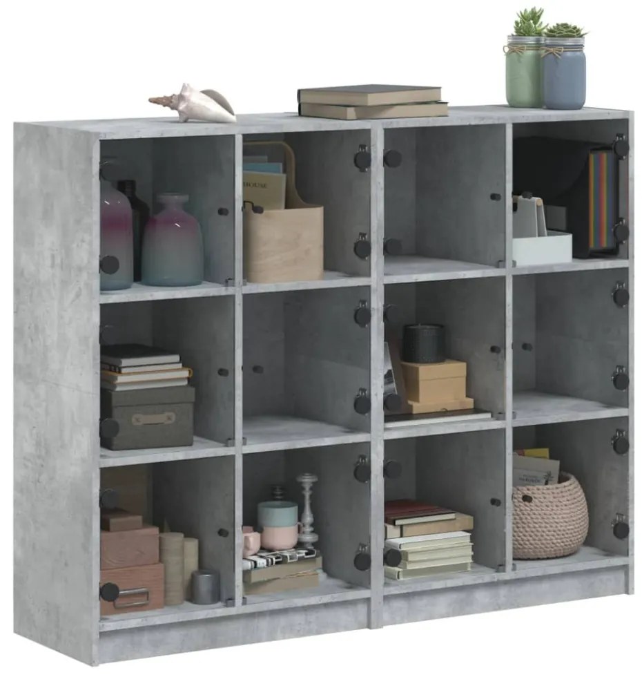 betonszürke szerelt fa könyvespolc ajtókkal 136 x 37 x 109 cm