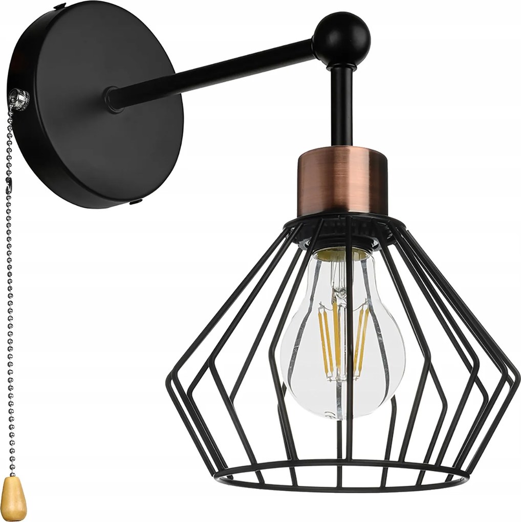 Fali lámpa Loft Led drót fali lámpa kapcsolóval fekete réz