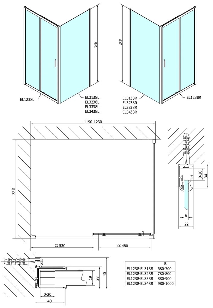 Polysan Polysan, EASY négyszögletes zuhanyparaván 1200x800mm L/P változat, Téglaüveg, EL1238EL3238