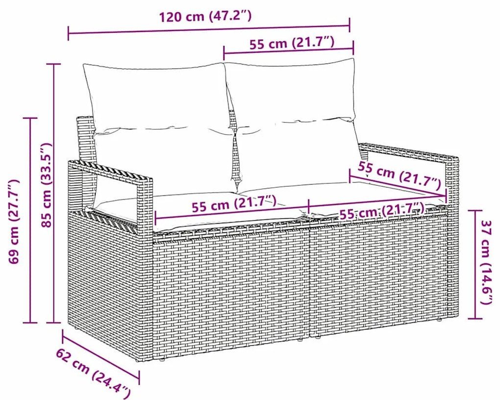 2-Személyes Kerti Kanapé Párnákkal Bézs Poly Rattan