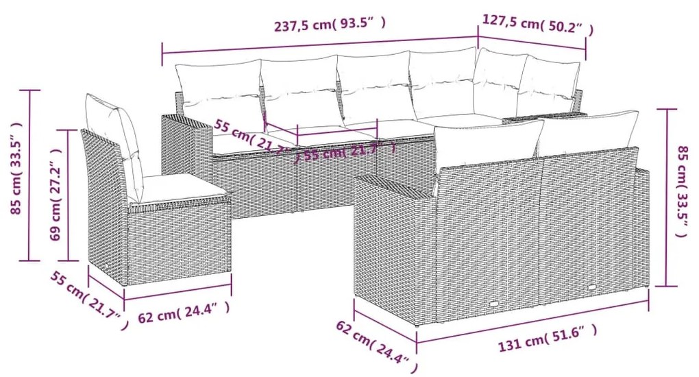 8 részes bézs polyrattan kerti ülőgarnitúra párnával