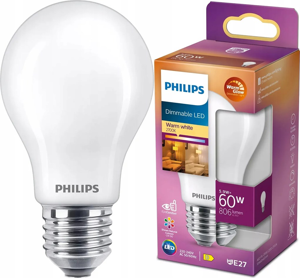 Led izzó E27 A60 5,9W 60W 806lm Meleg fényerőszabályozható Filament Philips