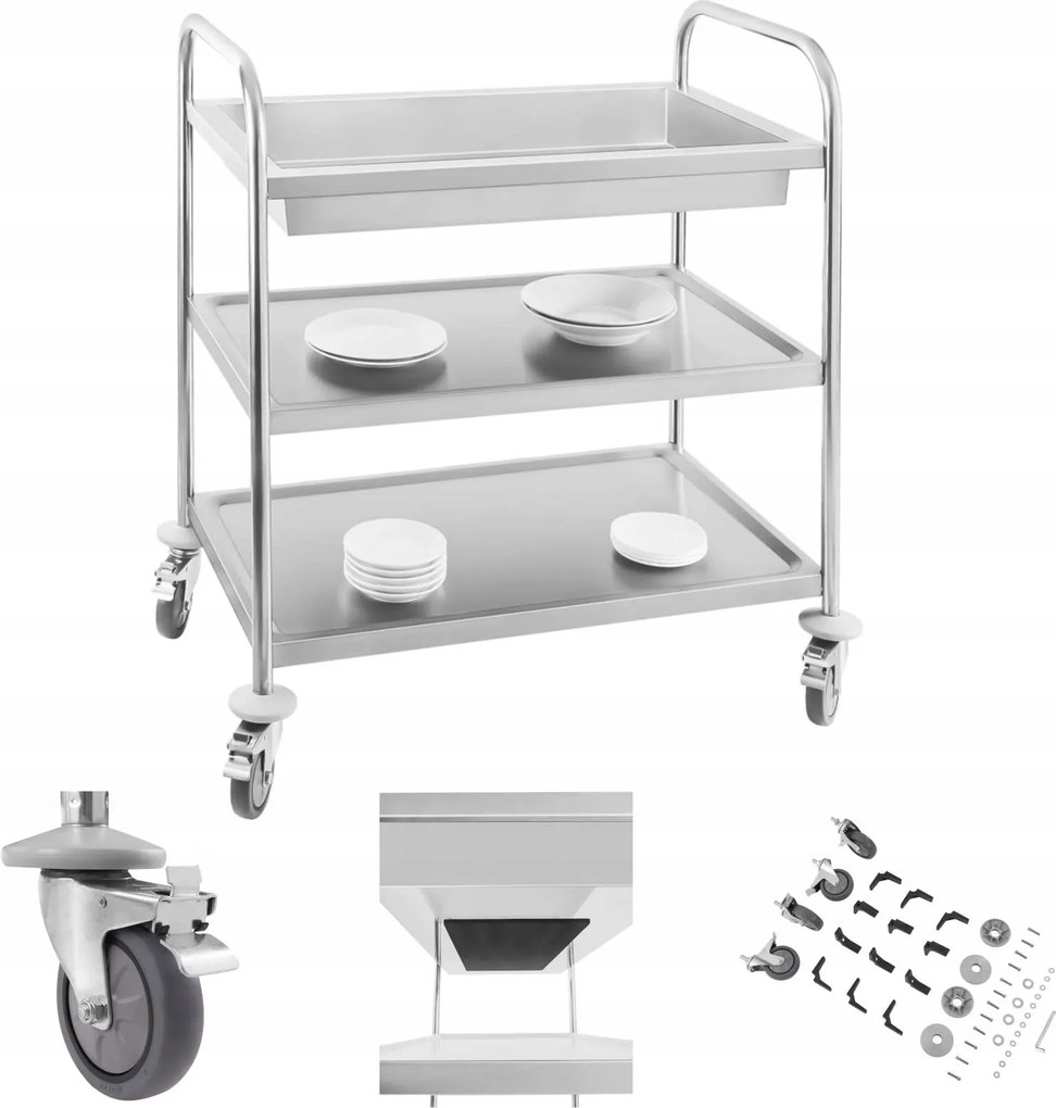 Vendéglátóipari Szervírozó Pincérkocsi 3 Polcos Rozsdamentes Acél Inox