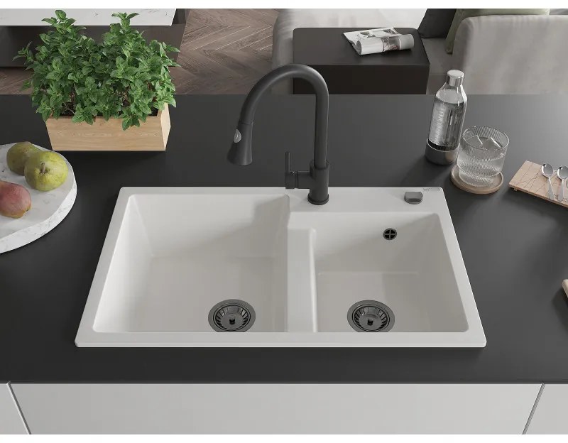 Mexen Tomas, 2 kamrás gránit mosogató 800x500x190 mm és Elia mosogató csaptelep, fehér, 6516-20-670101-70