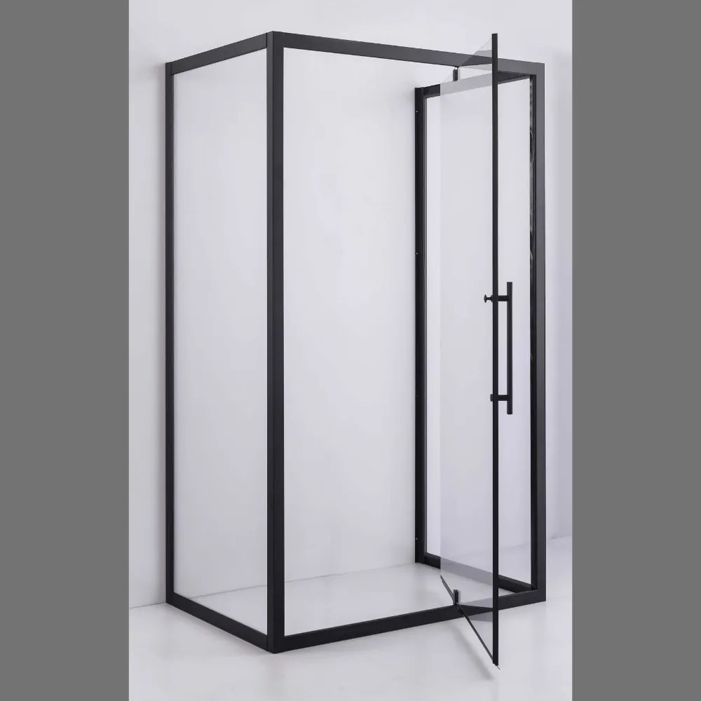 Stuxi Torino Black 90x80 falsíkra szerelhető 3 oldalú nyílóajtós zuhanykabin 6 mm vízlepergető biztonsági üveggel, fekete elemekkel, 200 cm magas