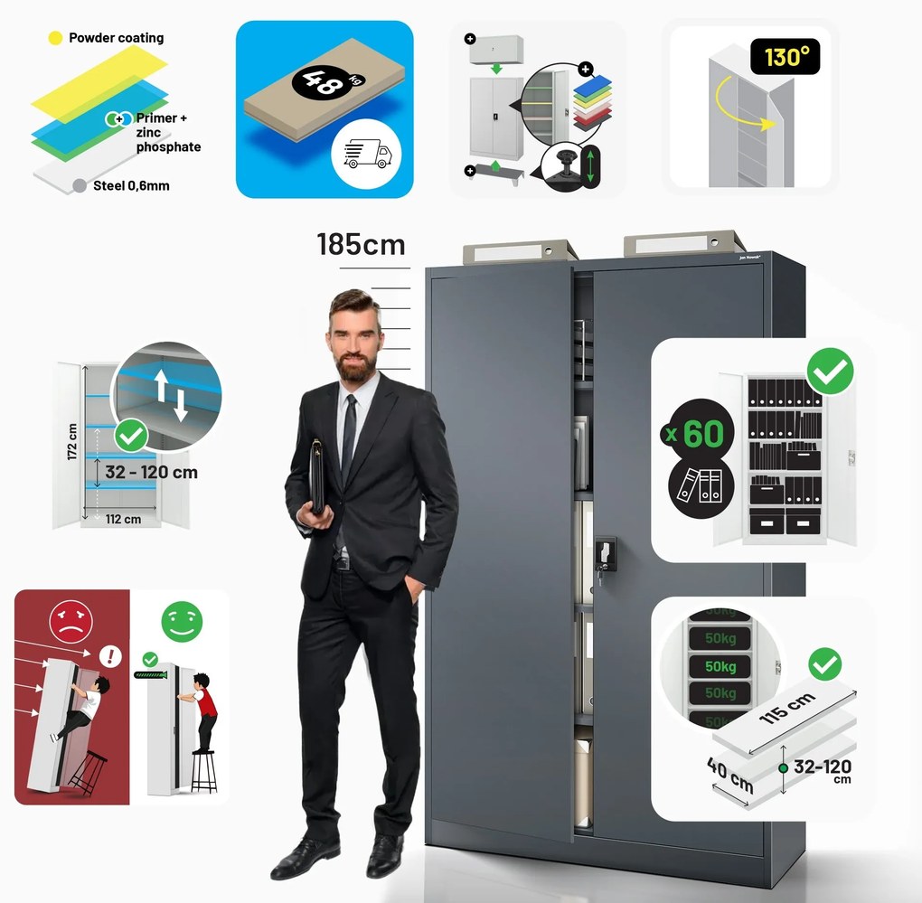 Fém iratszekrény JAN II, 1150 x 185 x 400 mm, antracit