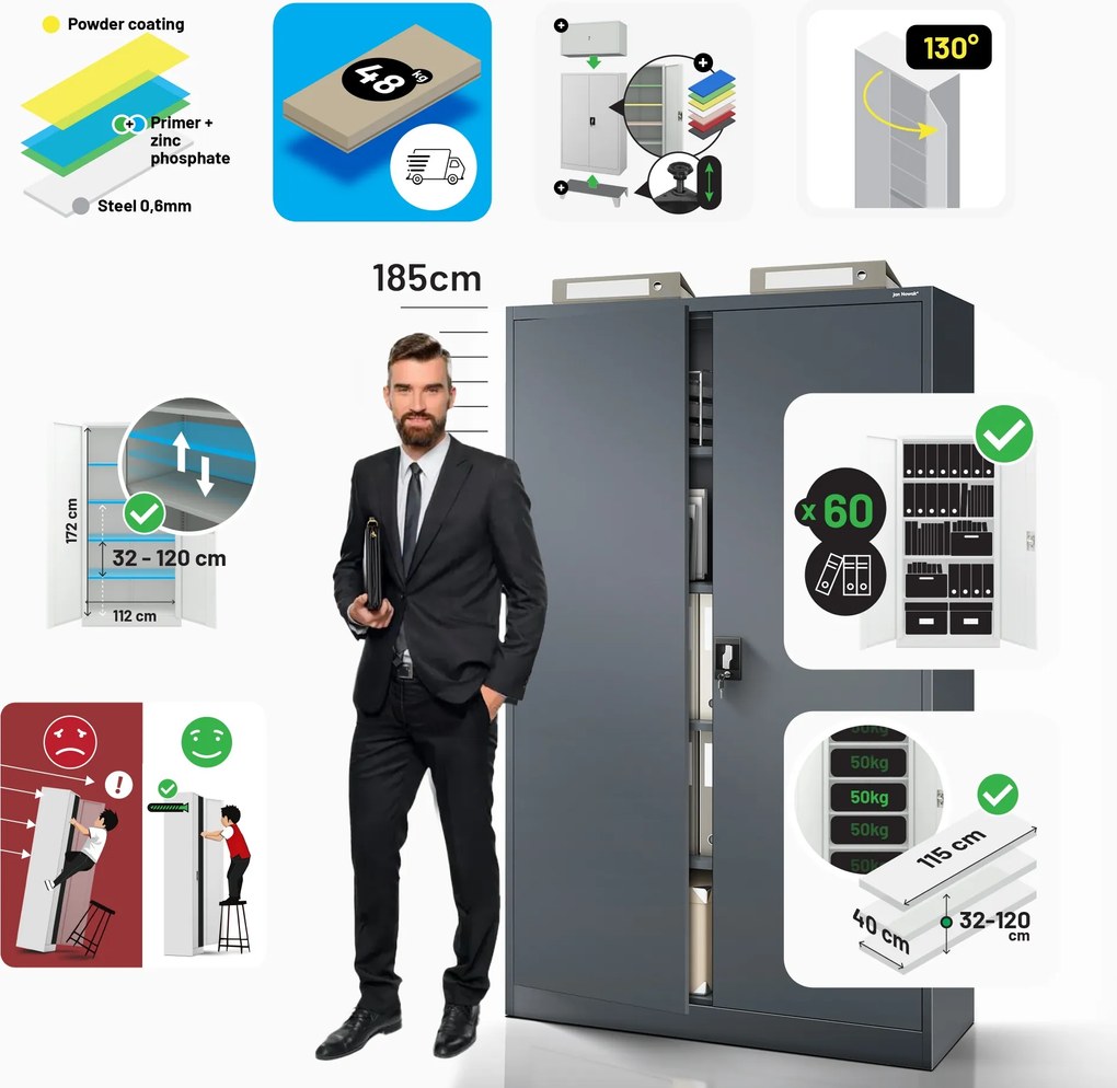 Fém iratszekrény JAN II, 1150 x 1850 x 400 mm, antracit