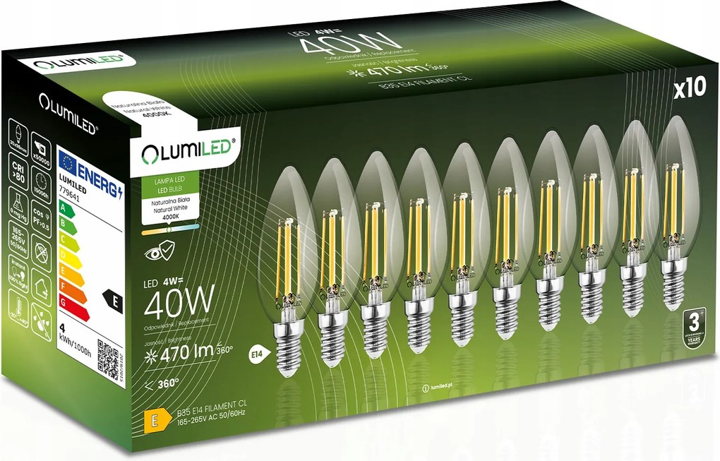 10x Led izzó E14 B35 4W 470lm 4000K Semleges CCD 360° Filament Lumiled