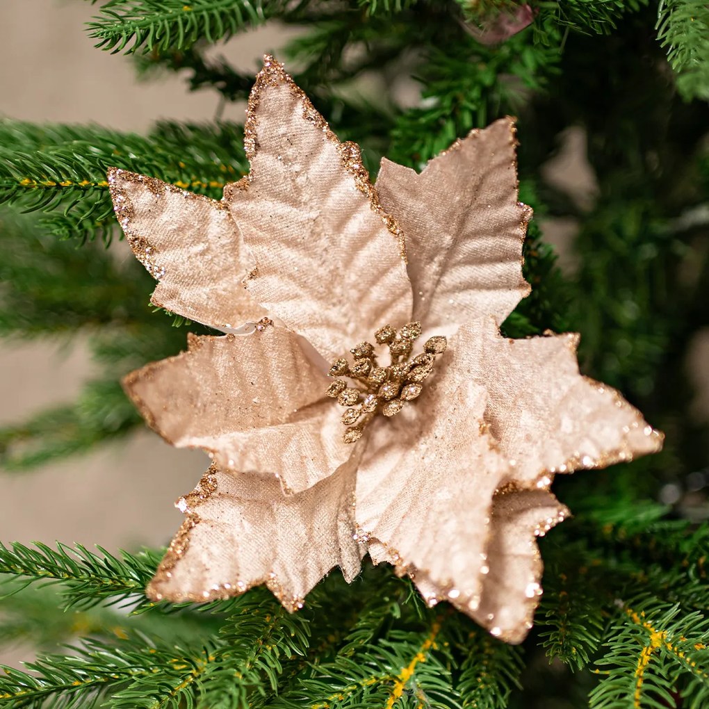 Karácsonyi rózsa művirág 22 cm bársony, világos réz