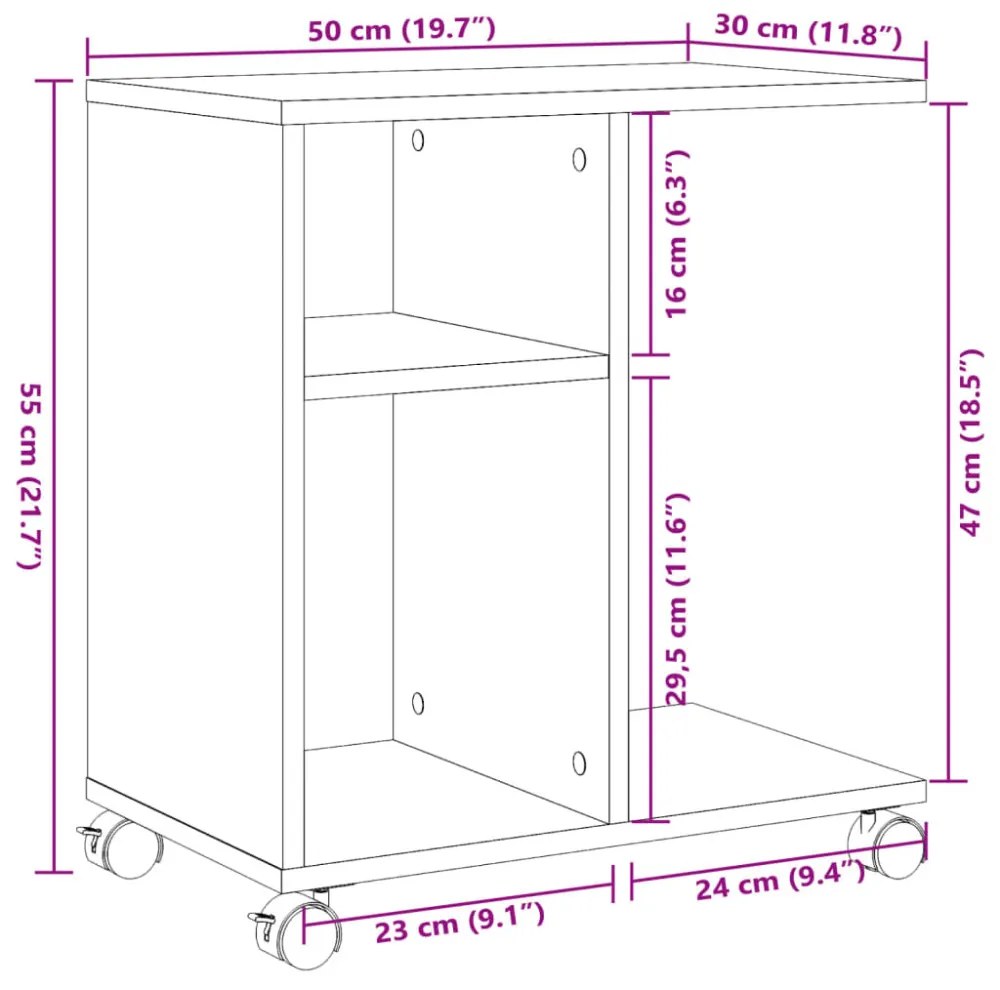 füstös tölgy színű szerelt fa kisasztal kerekekkel 50x30x55 cm