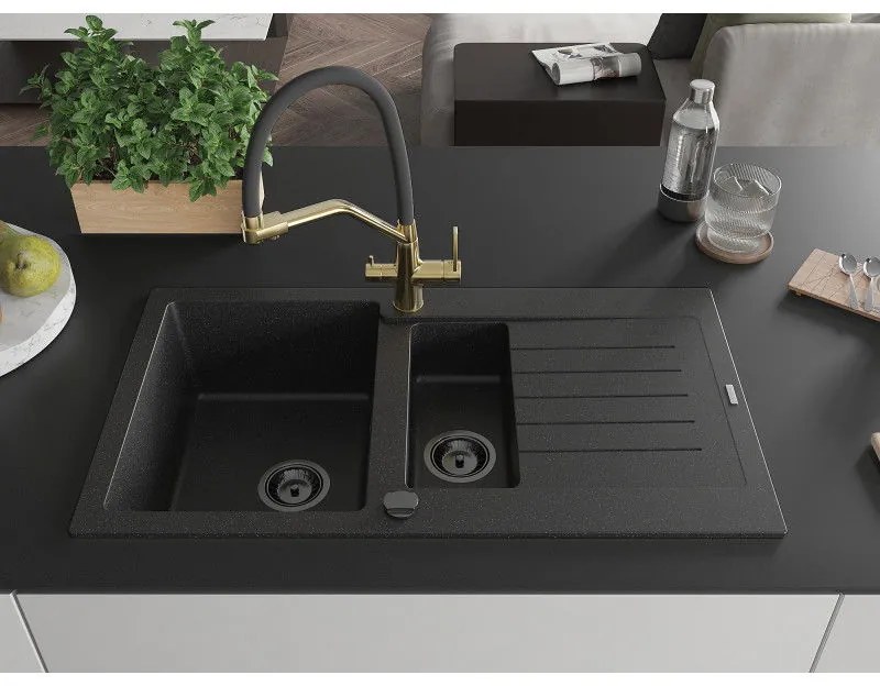 Mexen Matias, gránit mosogató 900x505x200 mm, 1,5 kamrás és Duo mosogató csaptelep, fekete-ezüst metál, 6502-73-671701-57-B