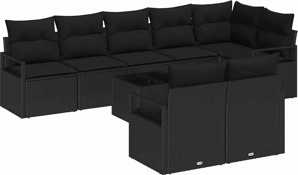 vidaXL Kanapé Szett párnával 9 pcs Fekete polirattan