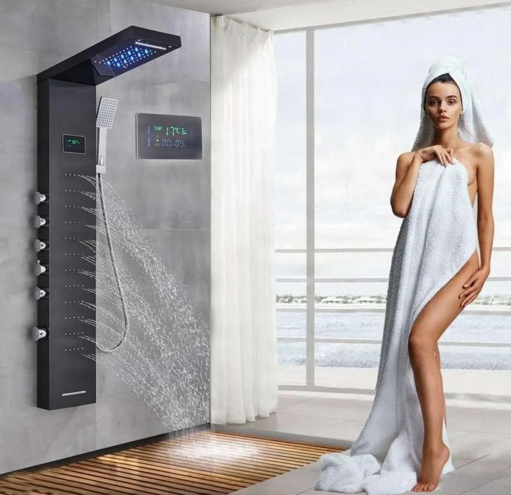 Zuhanyrendszer EYN BSP2040 LED-kijelzővel, vízesés kifolyóval, többféle színváltozatban — Fekete