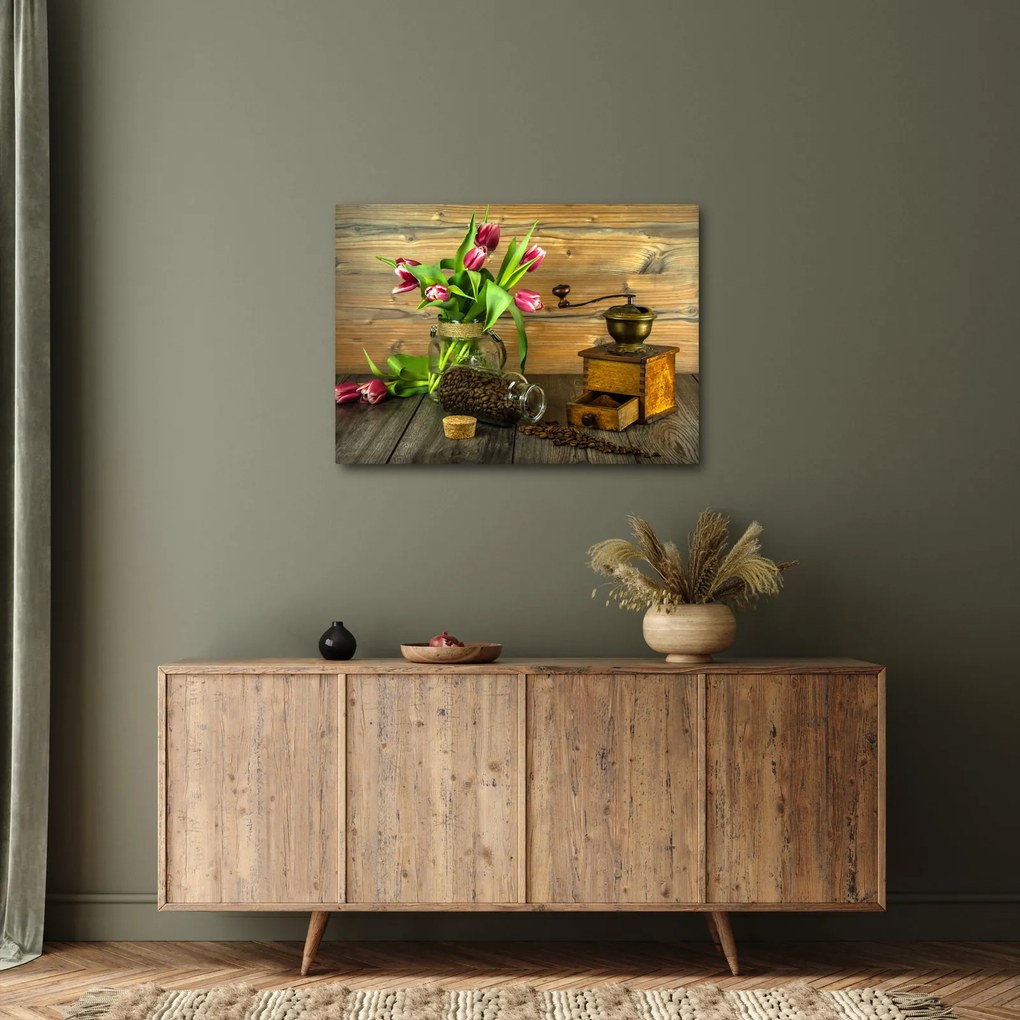 Tulipánok, daráló és kávé képe (70x50 cm)