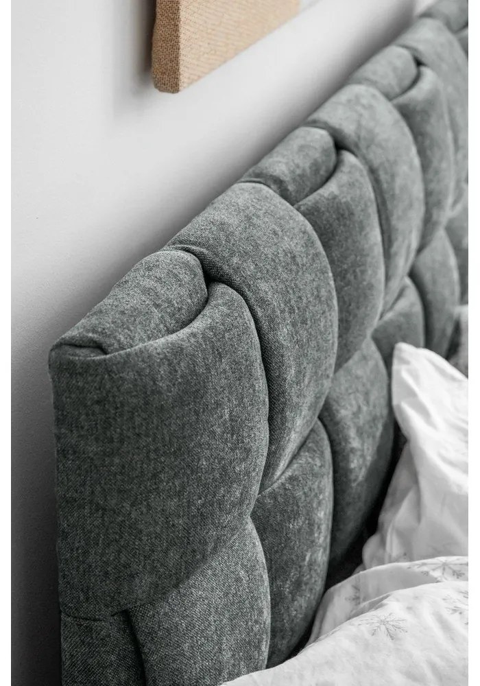 Szürkészöld kárpitozott franciaágy ágyráccsal 140x200 cm Eve – Miuform