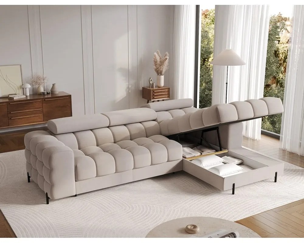 Bézs bársony kinyitható-tárolóhelyes sarokkanapé (jobb oldali-heverő résszel) Felro – ELTAP