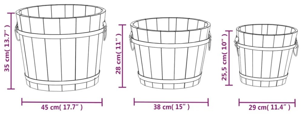 3 részes tömör fenyőfa növénytartó vödör szett