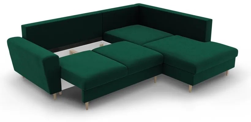 Zöld bársony kinyitható tárolóhelyes sarokkanapé (jobb oldali-L alakú) Kyoto – Cosmopolitan Design