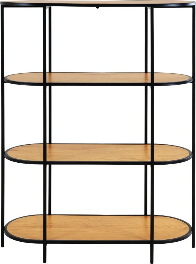 Könyvespolc, ovális polc, tölgy hatású fekete kerettel 85x36x111cm