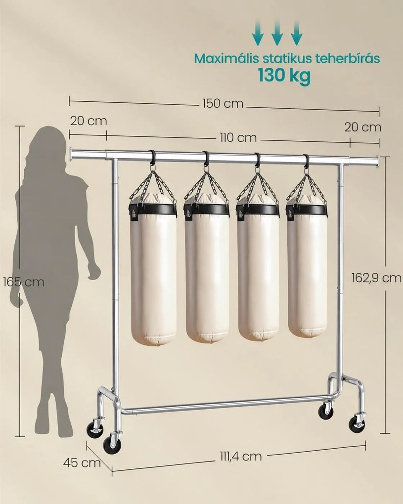 Nagy teherbírású gurulós ruhatartó, állítható 110–150 cm szélességgel, max. 130 kg, krómozott