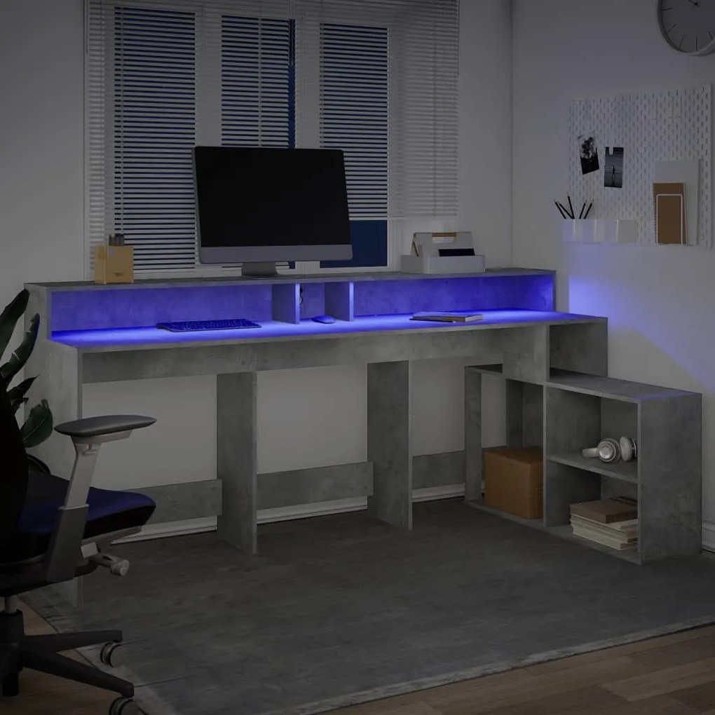 betonszürke szerelt fa íróasztal LED-világítással 200x104x91 cm