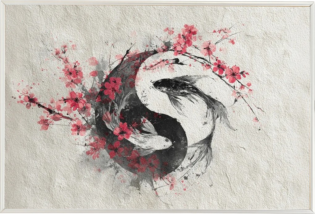 Poszter Alumínium Keret Nyugtatja A Halakat Yin Yang Japán Sakura Feng Shui 60x40