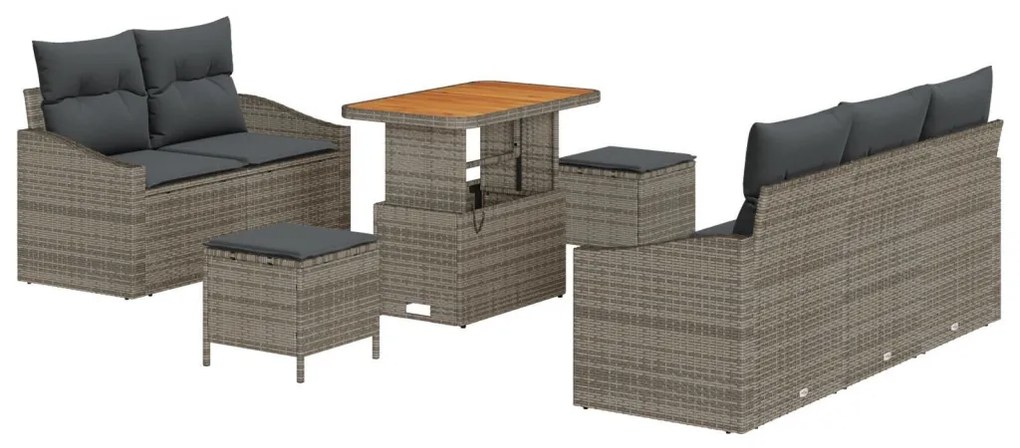 8 darabos kertiszék szett párnákkal Szürke Poli Rattan Akácia, 2 személyes kertiszék párnákkal Szürke Poli Rattan, 3 darabos kertészeti étkező szett párnákkal Szürke Poli Rattan Akácia