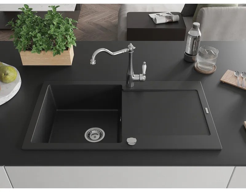 Mexen Leo, gránit mosogató 900x500x190 mm, 1 kamrás és mosogató csaptelep Carla, fekete, 6501-77-670700-00
