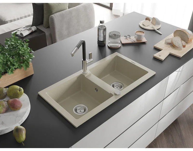 Mexen Mario, 2 kamrás gránit mosogató 820x436x161 mm és Flora mosogató csaptelep, bézs, 6504-69-670401-07