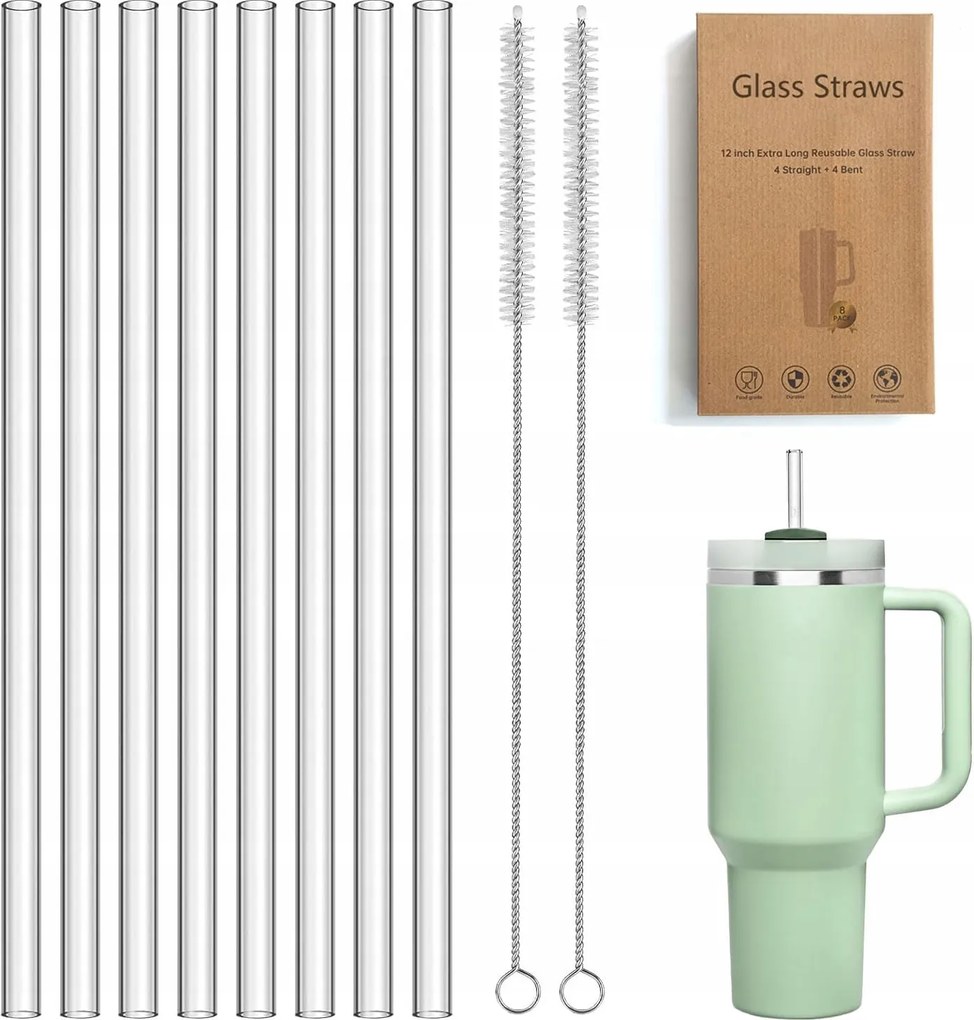 8 db-os újrafelhasználható üveg szívószál szett 31 cm-es tisztítókkal