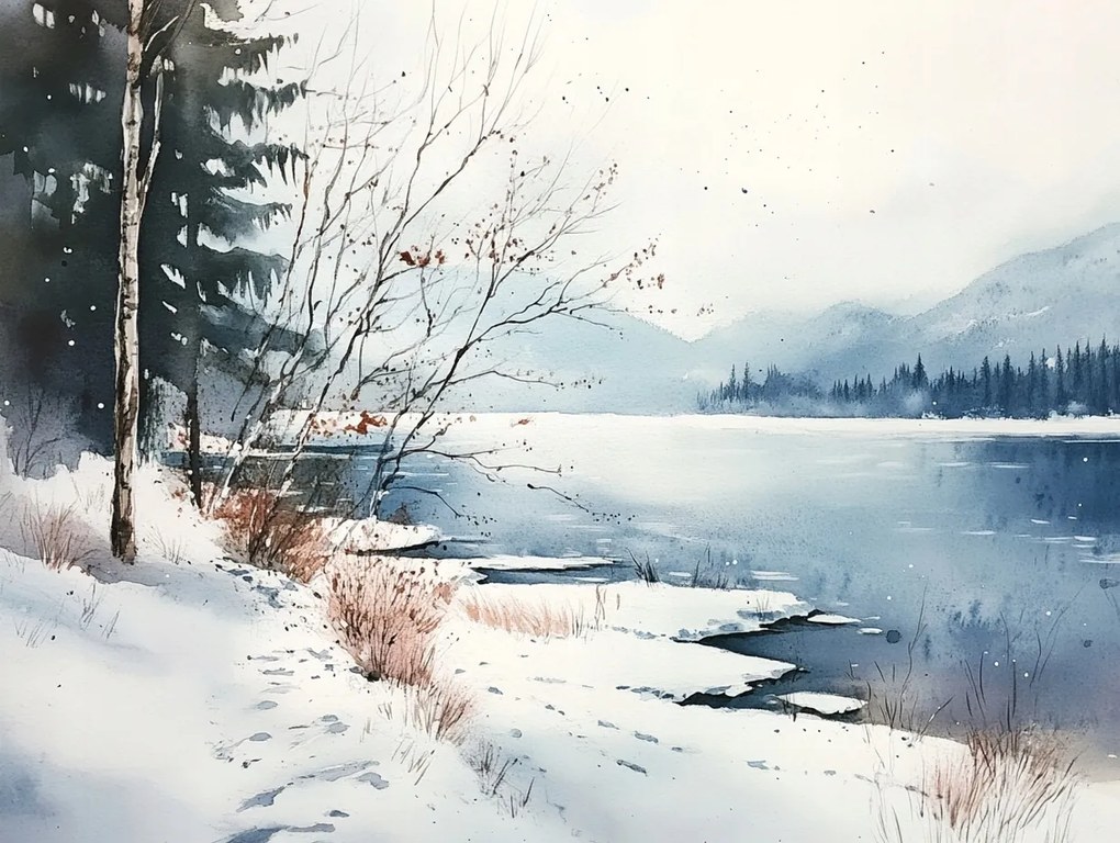 Vászonkép Canvas Tájkép Hegyek Tó Erdő Tél Hó Jég Fagy 100x75