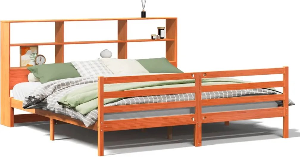 vidaXL viaszbarna tömör fa könyvespolcos ágy matrac nélkül 180 x 200cm