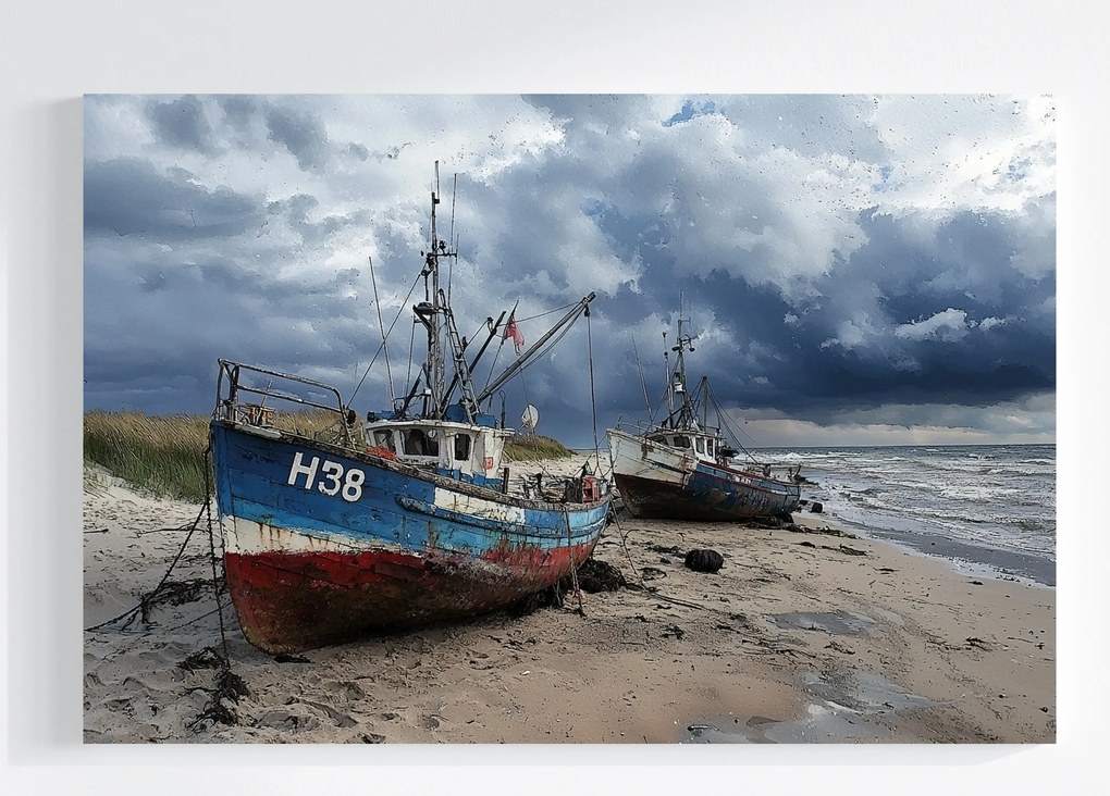 Vászonkép Canvas Tájkép Tenger Tengerpart Hajó Halászhajó Hullámok 120x80