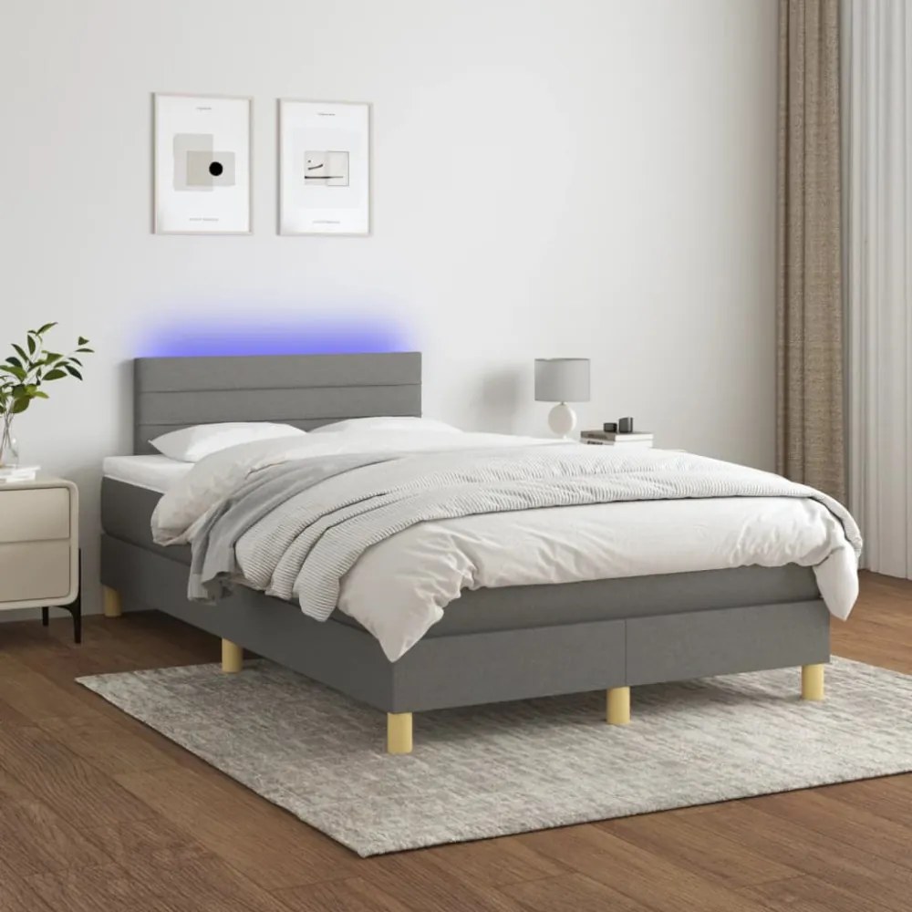 sötétszürke szövet rugós és LED-es ágy matraccal 120 x 190 cm