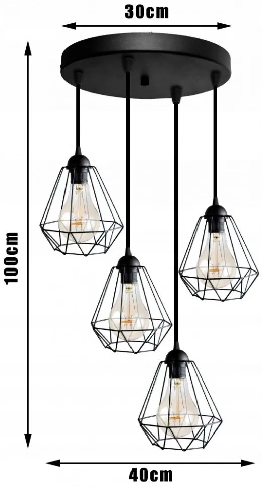 Glimex Diamond drót búrás állítható függőlámpa fekete 4x E27