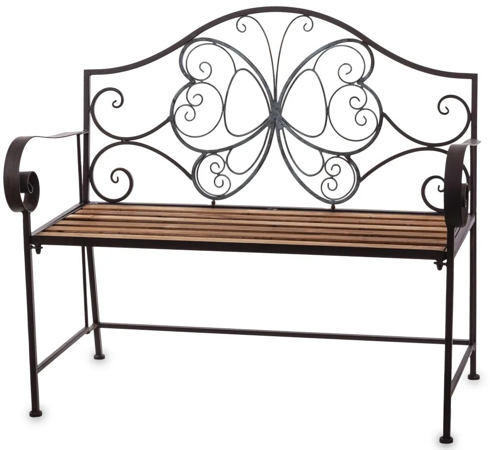 Kovácsoltvas jellegű barna fekete fémvázas kerti pad fa lécekkel 96x108x53cm